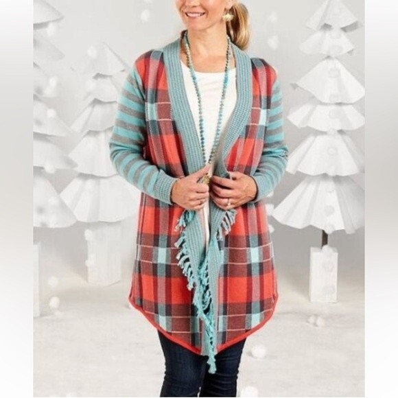 Matilda Jane Steadfast Plaid Open Front Plaid Coral Aqua & Grey Cardigan Size XS - Picture 1 of 11
